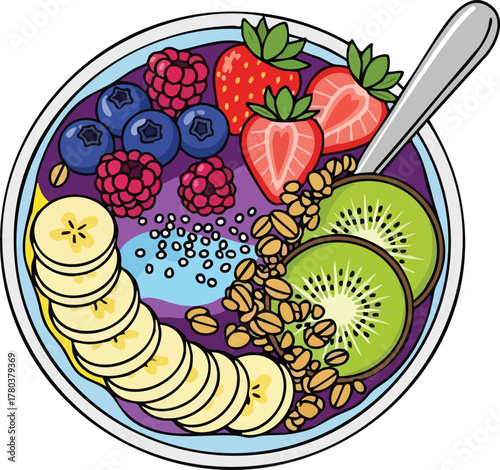 Top View Of A Vibrant Acai Bowl Filled With Fresh Berries Banana Slices Kiwi And Granola Healthy Breakfast Food