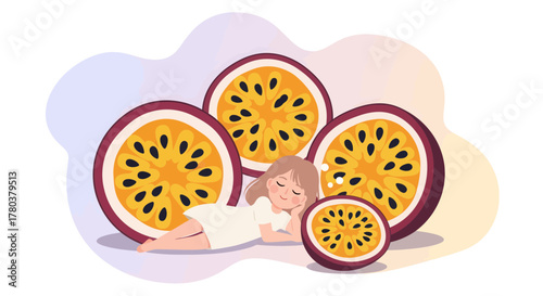 Dreamy Repose of a Woman Amongst Sliced Passion Fruits, Artistic Illustration