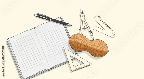 Educational Illustration: Notebook, Tools, And Peanut Combined In A Creative Arrangement