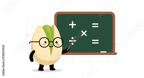 Educational Pistachio Nut Teacher Explains Math Equations on Blackboard in School