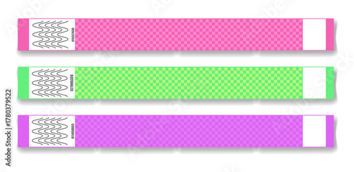 Wristband bracelets set event access. Mock up paper hand band. Sticky hand entrance event paper bracelet isolated on a transparent background.