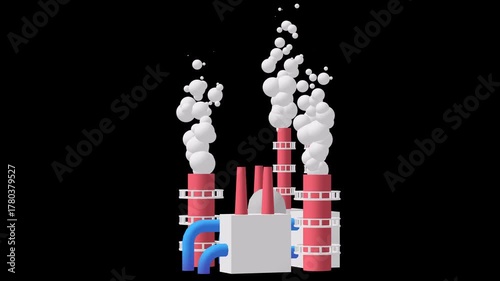 Industrial building factory facility power plant with smoke from chimney 3d render animation available in FullHD and 4K video