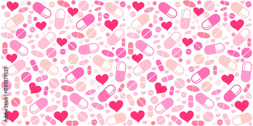 Medicine vector seamless pattern.  Pink tablets with capsules.  Image for pharmaceutical industry. Medicine vintage pattern. Natural vitamin pills. Alternative medicine. Vector Illustration