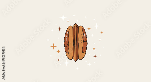 Elegant Illustration Of A Pecan Nut Adorned With Golden Starbursts And Stylish Flair