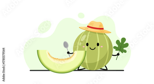 Cute Cartoon Cantaloupe Character With Slice Harvesting Leaf And Smiling Posing Together