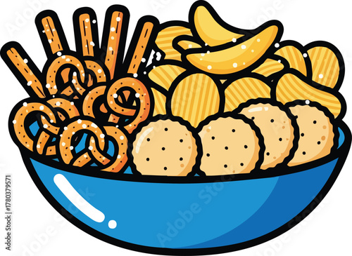 Blue Bowl Filled With Assorted Salty Snacks Including Pretzels Potato Chips and Crackers With Salt Sprinkled On Top
