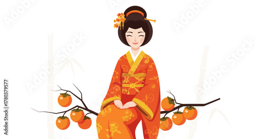 Elegant Japanese Lady in Traditional Attire with Persimmon Branch in a Calm Setting