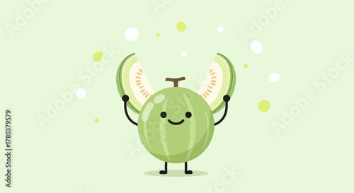 Cute Cartoon Cantaloupe Holding Slices, Smiling, And Showing Happiness On Green Background