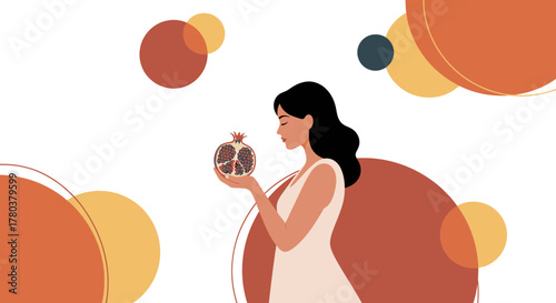 Elegant Young Woman Observes Pomegranate Fruit Against Abstract Painted Background
