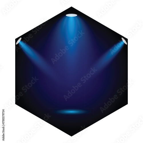 Abstract hexagon with blue spotlights shining down in a dark modern setting.