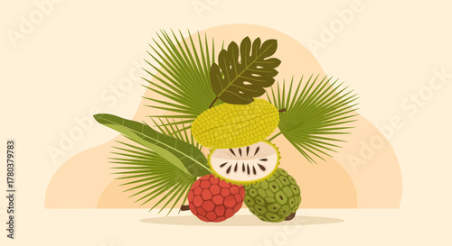 Exotic Fruits and Tropical Foliage Arrangement on a Neutral Background Design Elements