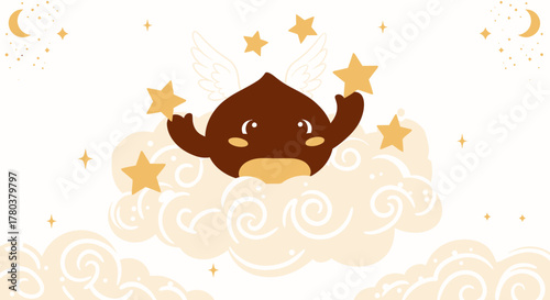 Cute Nutty Character with Wings Grabbing Stars Amidst Clouds Against a White Backdrop