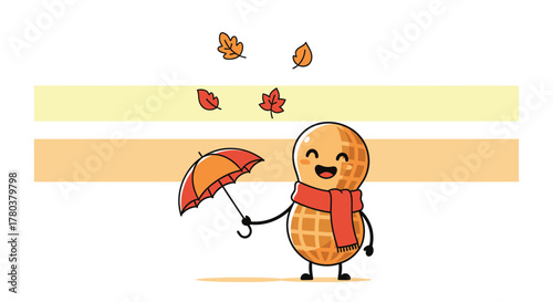 Cute Peanut Character Holding An Umbrella And Enjoying The Autumnal Season