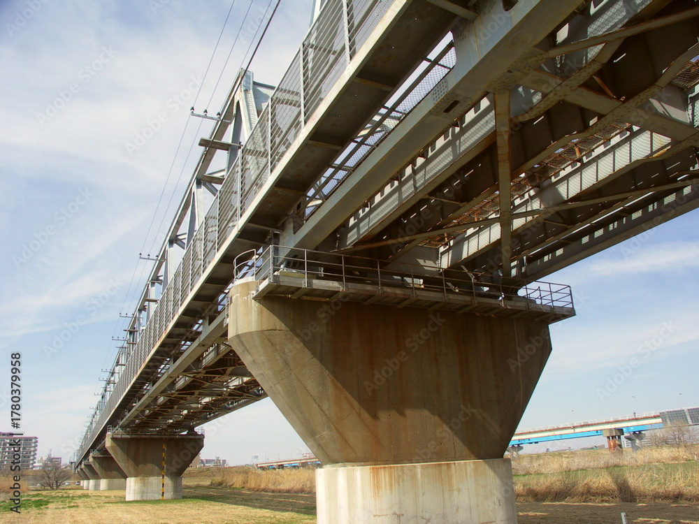 Obraz premium 早春の江戸川に架かる武蔵野線鉄橋と流山橋風景