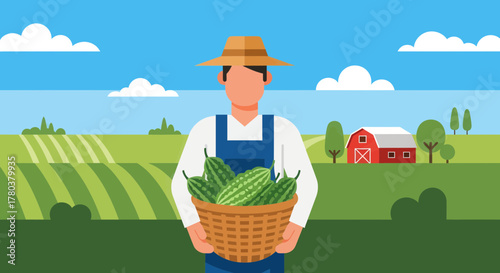 Farmer Displaying Basket Of Harvested Watermelons In Picturesque Farmland Scene