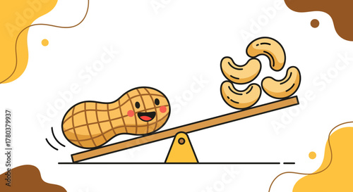 Delicious Peanut and Cashew Cartoon Characters Playing On A Cute Seesaw Illustration