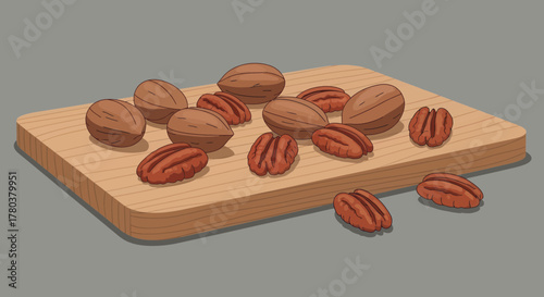 Delicious Pecan Nuts Arranged on a Wooden Cutting Board with Simplified Visuals