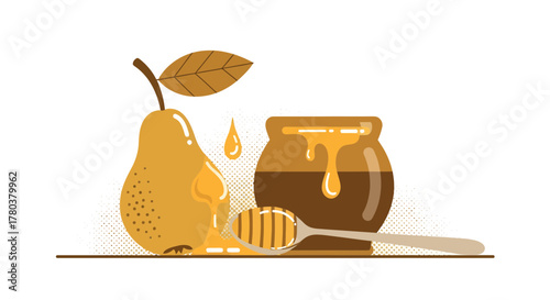 Delicious Pear With Honey Dripping From a Pot and a Spoon with a Modern Design