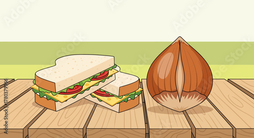 Delicious Picnic Featuring Sandwiches And A Hazelnut On A Wooden Table