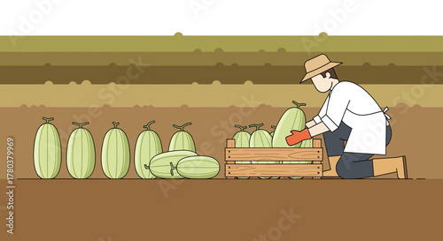 Farmer Harvesting Cantaloupes, Placing Them Into Wooden Crate Ready For Market Distribution