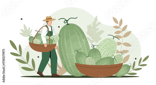 Farmer Harvesting Cantaloupes And Melons In The Field During The Season
