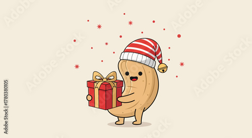 Festive Cashew Nut Character Holding a Gift Box Ready for Holiday Season Celebration