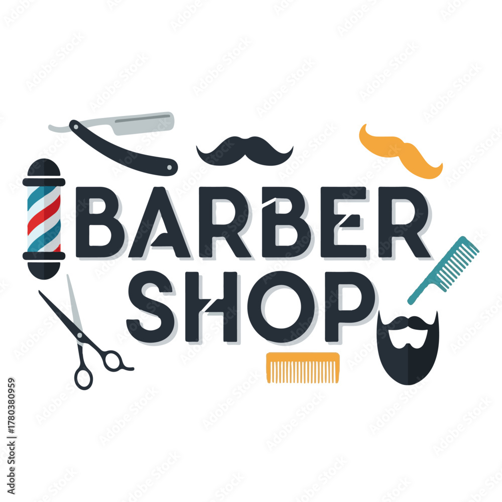 Naklejka premium Modern Flat Design Barber Shop Typography Banner: Illustrated with Classic Barber Pole, Straight Razor, Scissors, Moustache, Beard, and Comb Icons for Haircut Service Branding & Signage