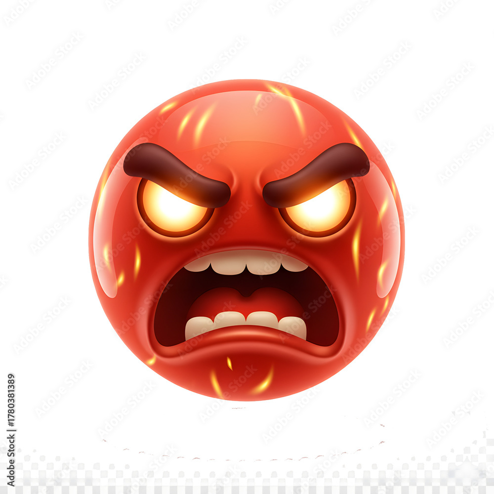 Obraz premium Angry Red Emoji, Furious Face Icon with Glowing Eyes, Yelling Expression, Rage Emoticon