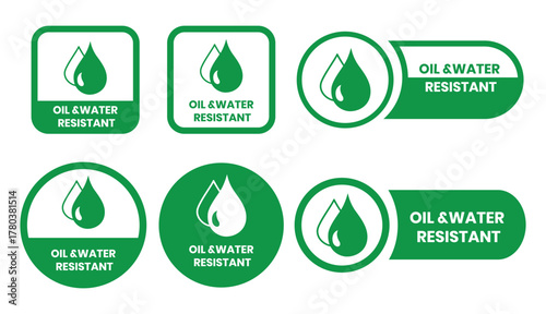 Oil and Water Resistant Logo Badge – Vector Icon for Business Information and Product Labels. Oil and Water Resistant icon, sticker, label, emblem, stamp, symbol, black, line, flat vector.