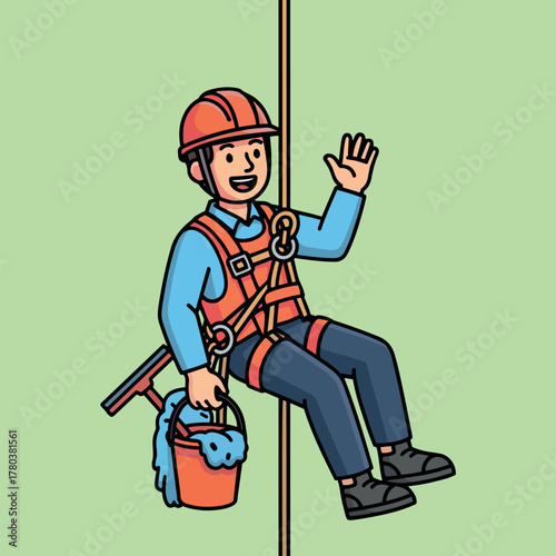 Cartoon illustration of a smiling window cleaner wearing a safety harness and helmet, hanging from a rope while waving cheerfully