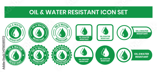 Oil and Water Resistant Logo Badge – Vector Icon for Business Information and Product Labels. Oil and Water Resistant icon, sticker, label, emblem, stamp, symbol, black, line, flat vector.