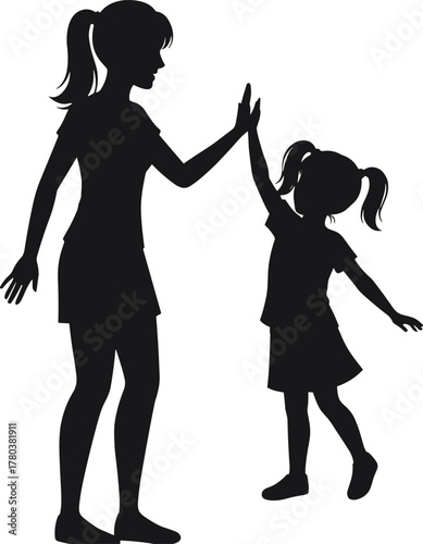 PrintSilhouette of mother and daughter giving high five, family love, parenting bond, happy child and parent relationship illustration
