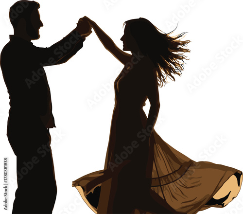 PrintSilhouette of romantic couple dancing together, love and happiness concept, elegant man and woman enjoying dance, sunset relationship illustration