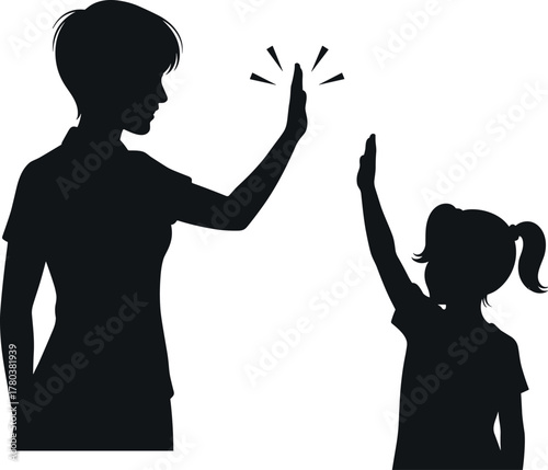 PrintSilhouette of mother and daughter giving high five, family love, parenting connection, happy child and parent bonding illustration