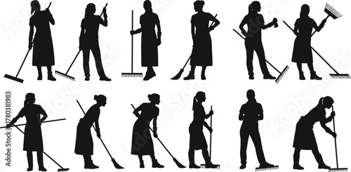 PrintSilhouette of women janitors cleaning with rakes and brooms, teamwork, professional cleaning service, maintenance workers, hygiene staff, sanitation concept illustration