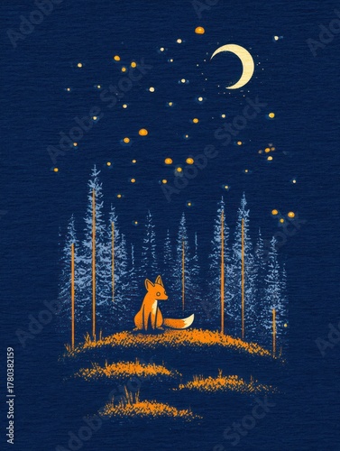 Stylized illustration of fox under night sky with moon and stars