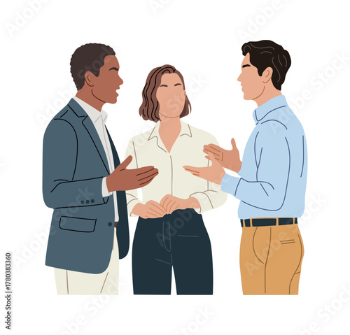 Minimalist vector illustration of three professionals in discussion — two men and one woman — in modern flat style with clean lines, solid colors, isolated on transparent background