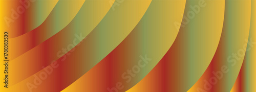 Contemporary vector graphic background with dynamic flowing curved layers. A smooth warm color gradient blends from yellow and orange to red and muted green, creating an abstract sense of motion