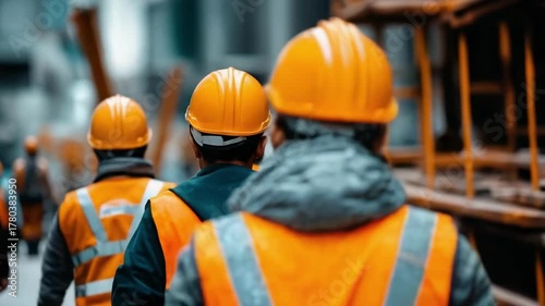 Construction workers in orange safety vests and hard hats at a construction site.