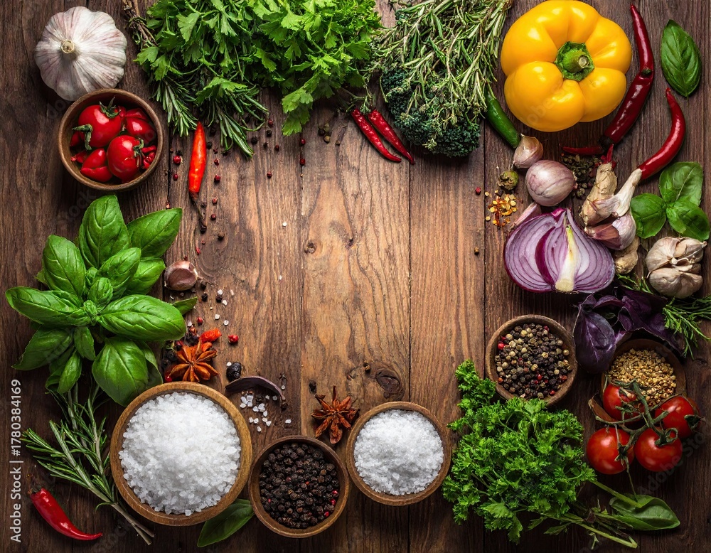 Fototapeta premium Spices, herbs, and produce arranged around a wooden table's center