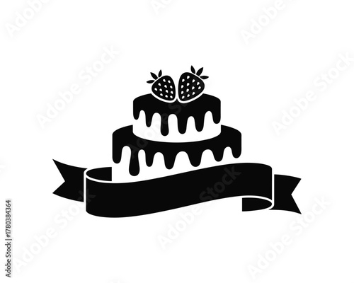 Tiered cake with strawberries and ribbon silhouette Happy Birthday celebration 