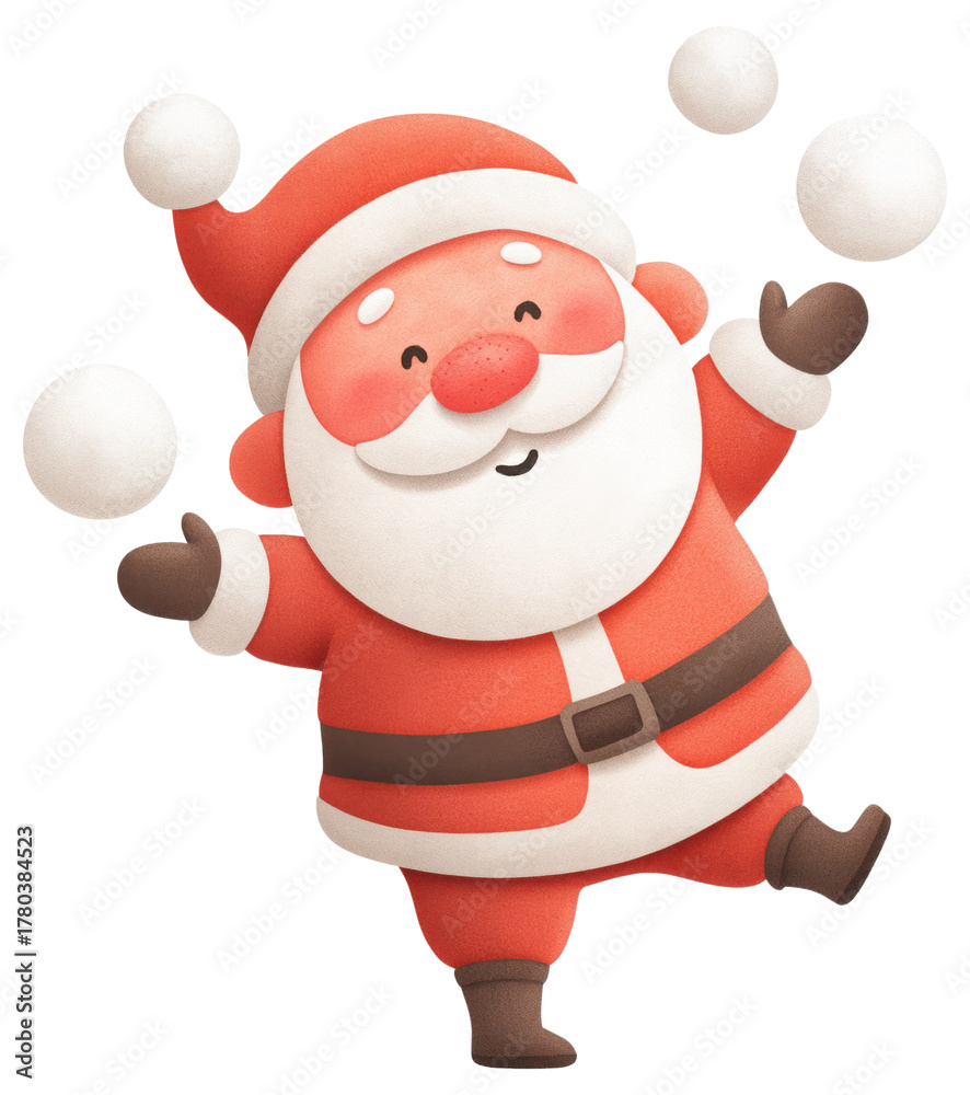 Fototapeta premium Santa Claus joyfully juggling snowballs during the winter season in a festive isolated on transparent background.