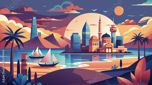 Very beautiful Jeddah travel poster in cinematic minimal vector style, featuring simplified coastal skyline, calm sea, warm sunset tones, and clean geometric shapes creating a modern elegant landscape