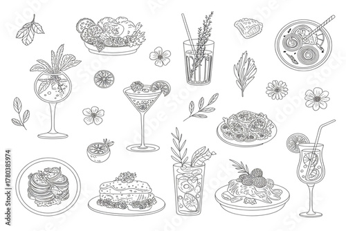 Gourmet Food and Cocktail Outline Vector Set, Fine Dining Cuisine, Drink, and Dessert Line Art