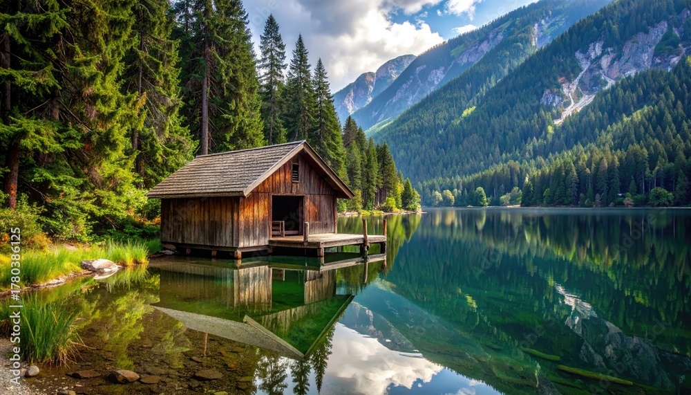 Fototapeta premium Rustic Wooden Cabin on a Serene Lake Surrounded by Lush Green Forest and Majestic Mountains Under a Bright Blue Sky