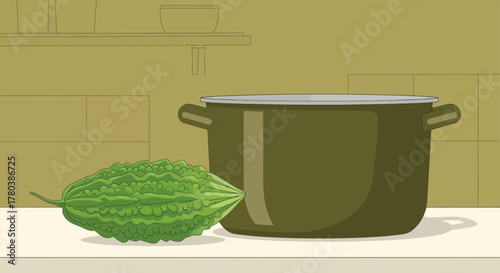 Fresh Bitter Gourd Ready To Be Cooked Near A Pot In The Kitchen Environment