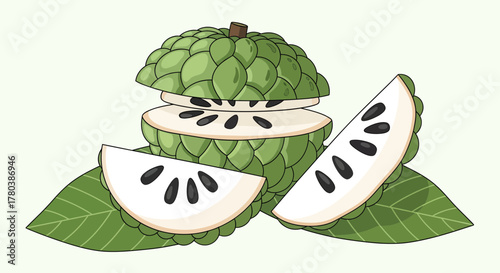 Fresh Custard Apples Sliced Beautifully, Revealing Seeds And Healthy Green Leaves