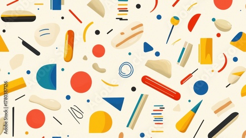 A vibrant and playful pattern of geometric shapes and lines in various colors.