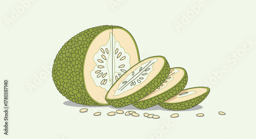 Fresh Jackfruit Slices Composition Illustration With Light Green Background in Minimalist Style