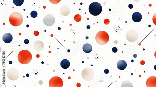 A repeating pattern of red, blue, and white circles and lines on a white background.